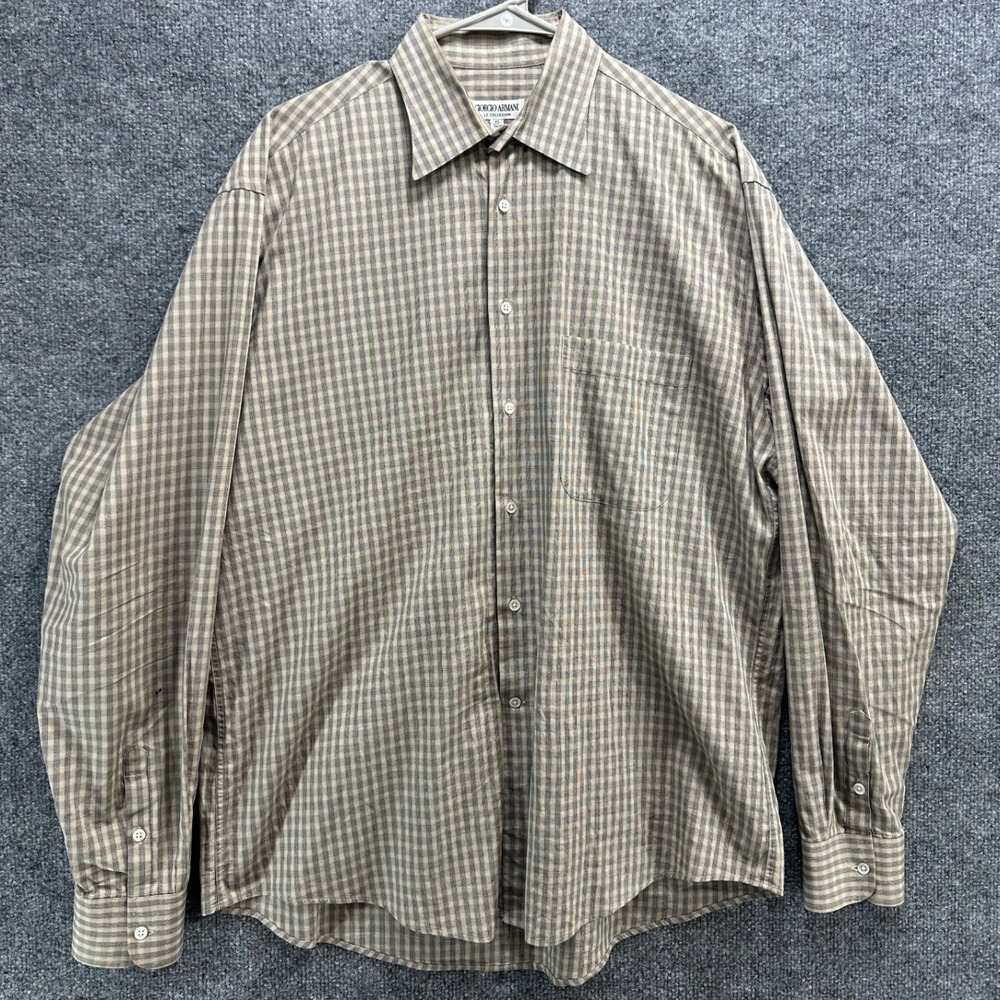 Vintage Giorgio Armani Le Collezioni Mens Plaid Button Down Shirt Tan 15 34/35